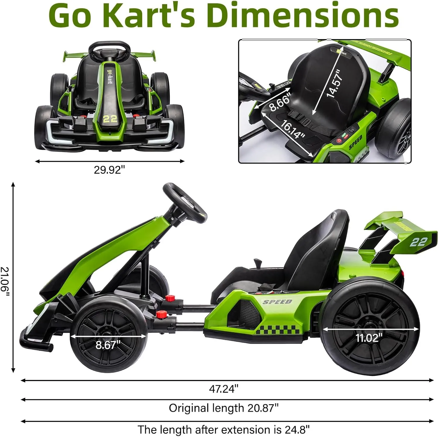 24V Kids Go Kart,300W Powerful Electric Drift Kart Car with Adjustable Seat,IDE On Toy with 4 Speed Mode,Big Battery, Drift/Sports Mode, Eva Tire, Brake Pedal for Age 6-12,Green