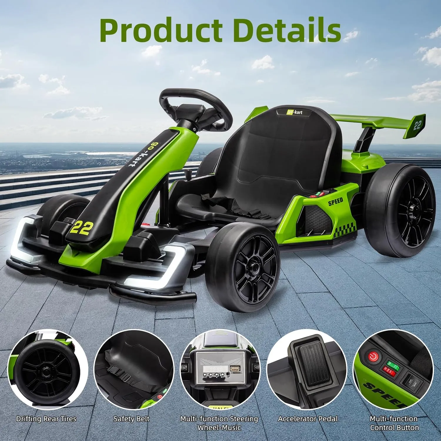 24V Kids Go Kart,300W Powerful Electric Drift Kart Car with Adjustable Seat,IDE On Toy with 4 Speed Mode,Big Battery, Drift/Sports Mode, Eva Tire, Brake Pedal for Age 6-12,Green