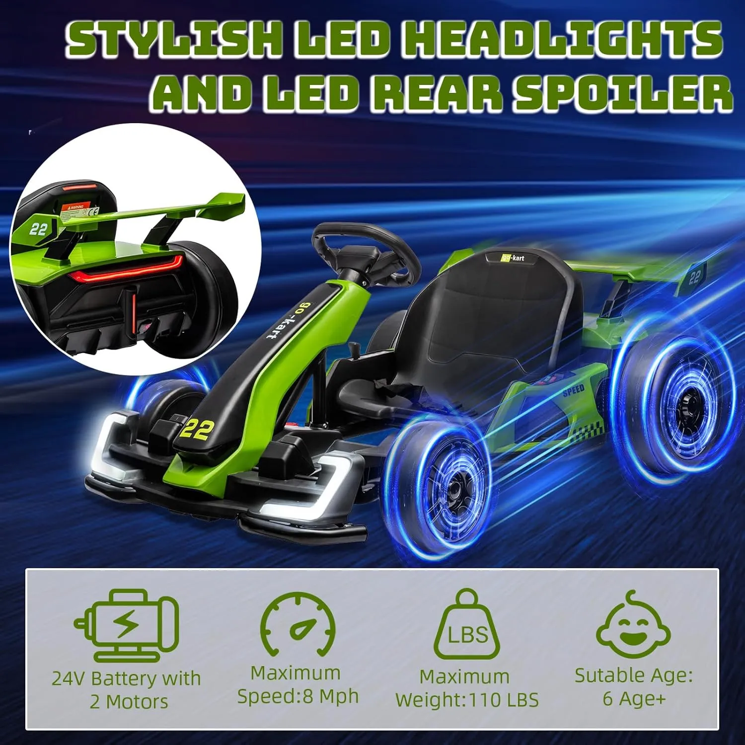 24V Kids Go Kart,300W Powerful Electric Drift Kart Car with Adjustable Seat,IDE On Toy with 4 Speed Mode,Big Battery, Drift/Sports Mode, Eva Tire, Brake Pedal for Age 6-12,Green