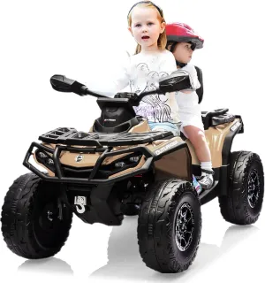 24V Ride On Car for Kids 2 Seater Electric Ride On ATV for Toddlers Battery Powered Vehicle Licensed Can-Am 4 Wheeler with Leather Seaters, 3 Speeds, Led Lights, Music, Brown