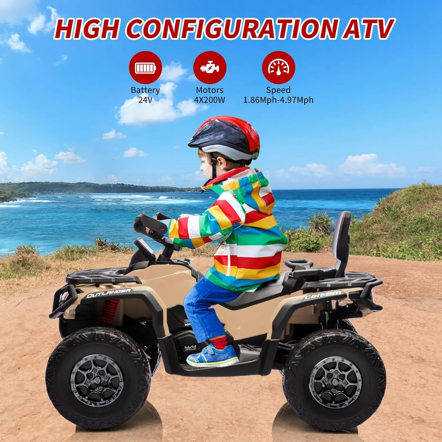 24V Ride On Car for Kids 2 Seater Electric Ride On ATV for Toddlers Battery Powered Vehicle Licensed Can-Am 4 Wheeler with Leather Seaters, 3 Speeds, Led Lights, Music, Brown