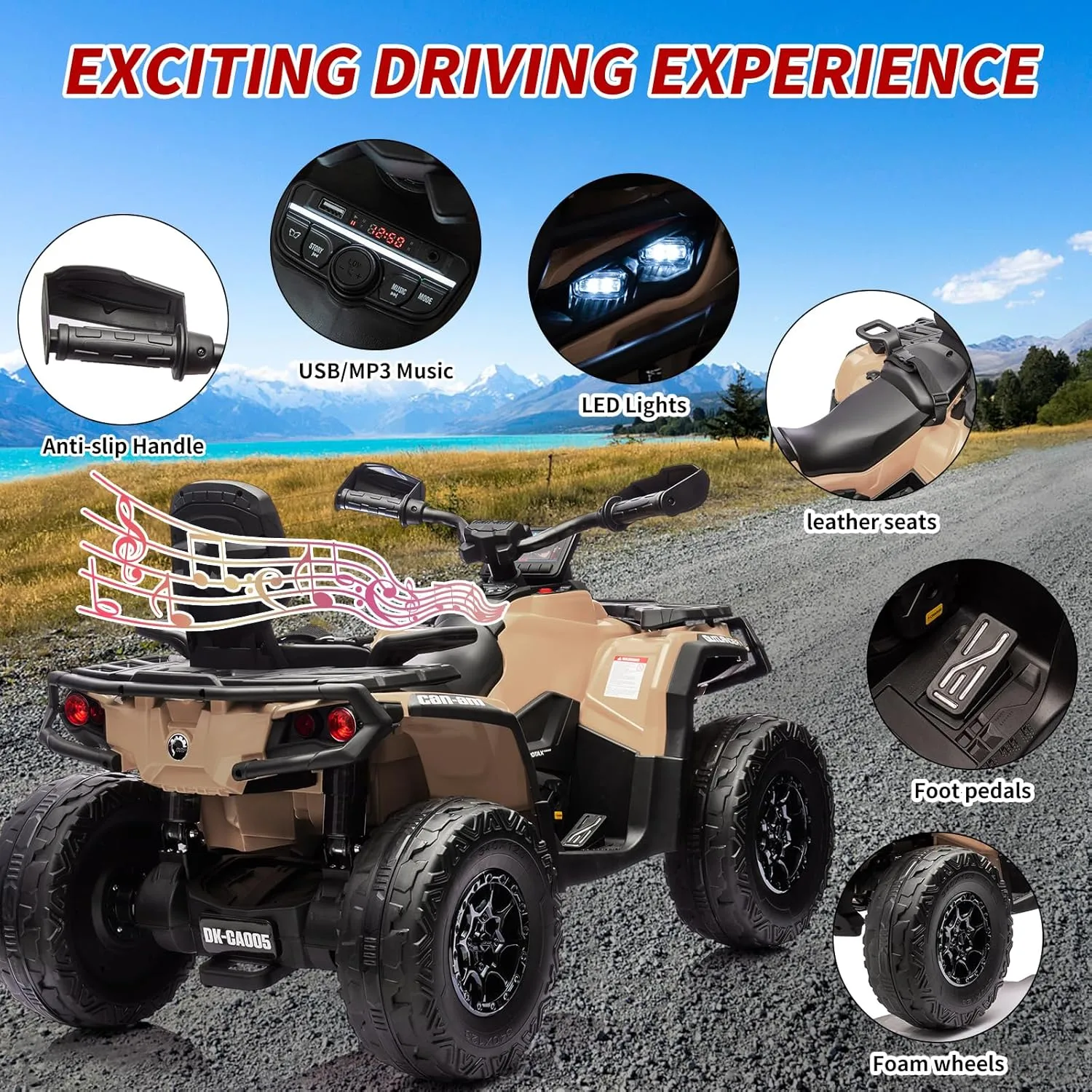 24V Ride On Car for Kids 2 Seater Electric Ride On ATV for Toddlers Battery Powered Vehicle Licensed Can-Am 4 Wheeler with Leather Seaters, 3 Speeds, Led Lights, Music, Brown