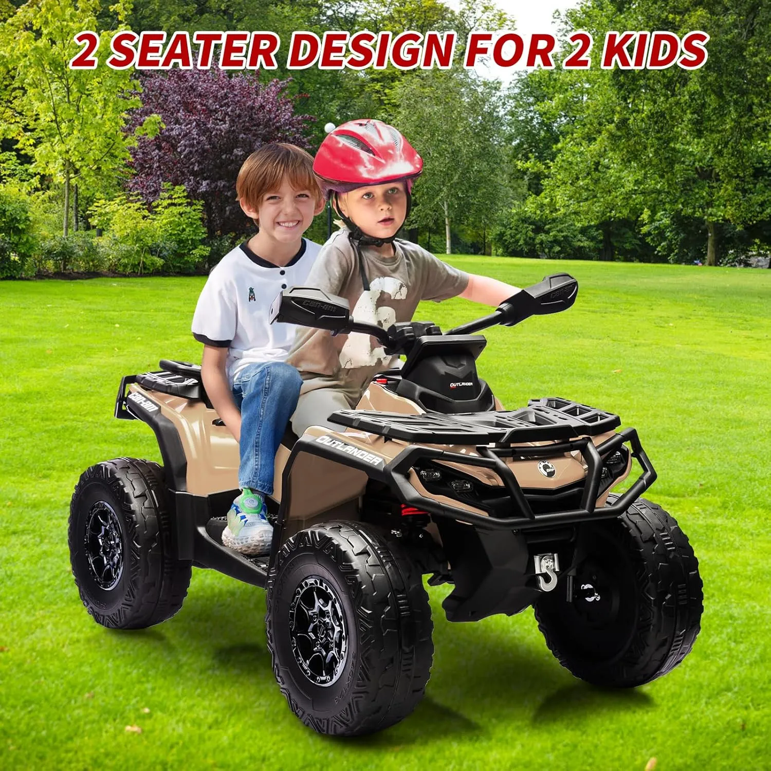 24V Ride On Car for Kids 2 Seater Electric Ride On ATV for Toddlers Battery Powered Vehicle Licensed Can-Am 4 Wheeler with Leather Seaters, 3 Speeds, Led Lights, Music, Brown
