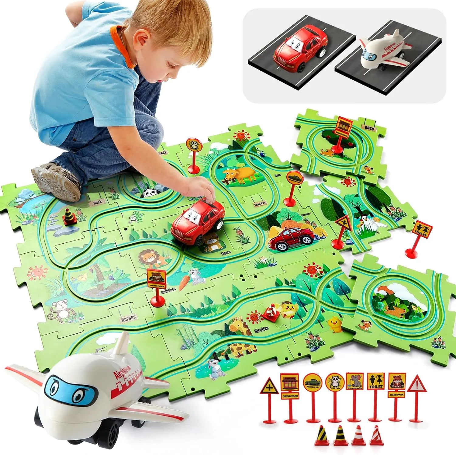 26 PCS Electric Puzzles Racer Kids Car Tracks for Toddlers 2-4 Year Old with Truck and Plane|Play Set for Toddlers 1-3|5 Years Old Boy Gift Game& Easter Puzzle