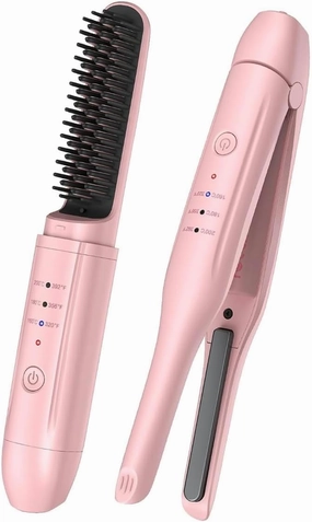 2 Pack Hair Straightener Brush and Curling Iron, CordlessTravel Curling Iron Set, Negative Ion Thermal Brush Hot Comb Fast Heating Type-C Rechargeable