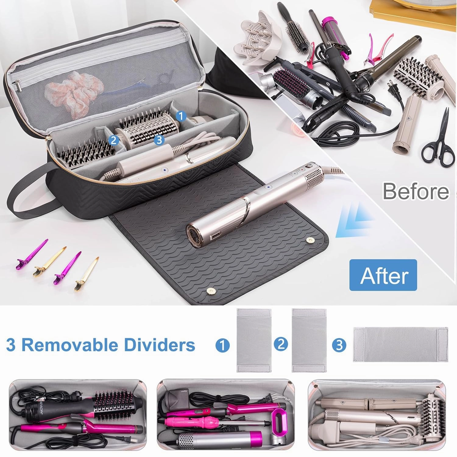 2IN1 Hair Tools Travel Bag with Heat Resistant Mat for Shark Flexstyle, Flat Irons, Straighteners, Curling Iron, Hair Dryer Case Compatible with Revlon One-Step Hair Dryer, Hair Essentials