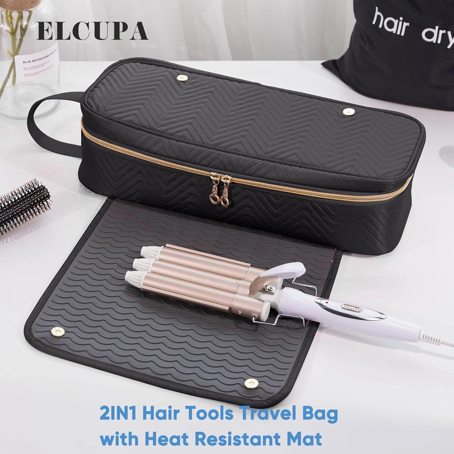 2IN1 Hair Tools Travel Bag with Heat Resistant Mat for Shark Flexstyle, Flat Irons, Straighteners, Curling Iron, Hair Dryer Case Compatible with Revlon One-Step Hair Dryer, Hair Essentials