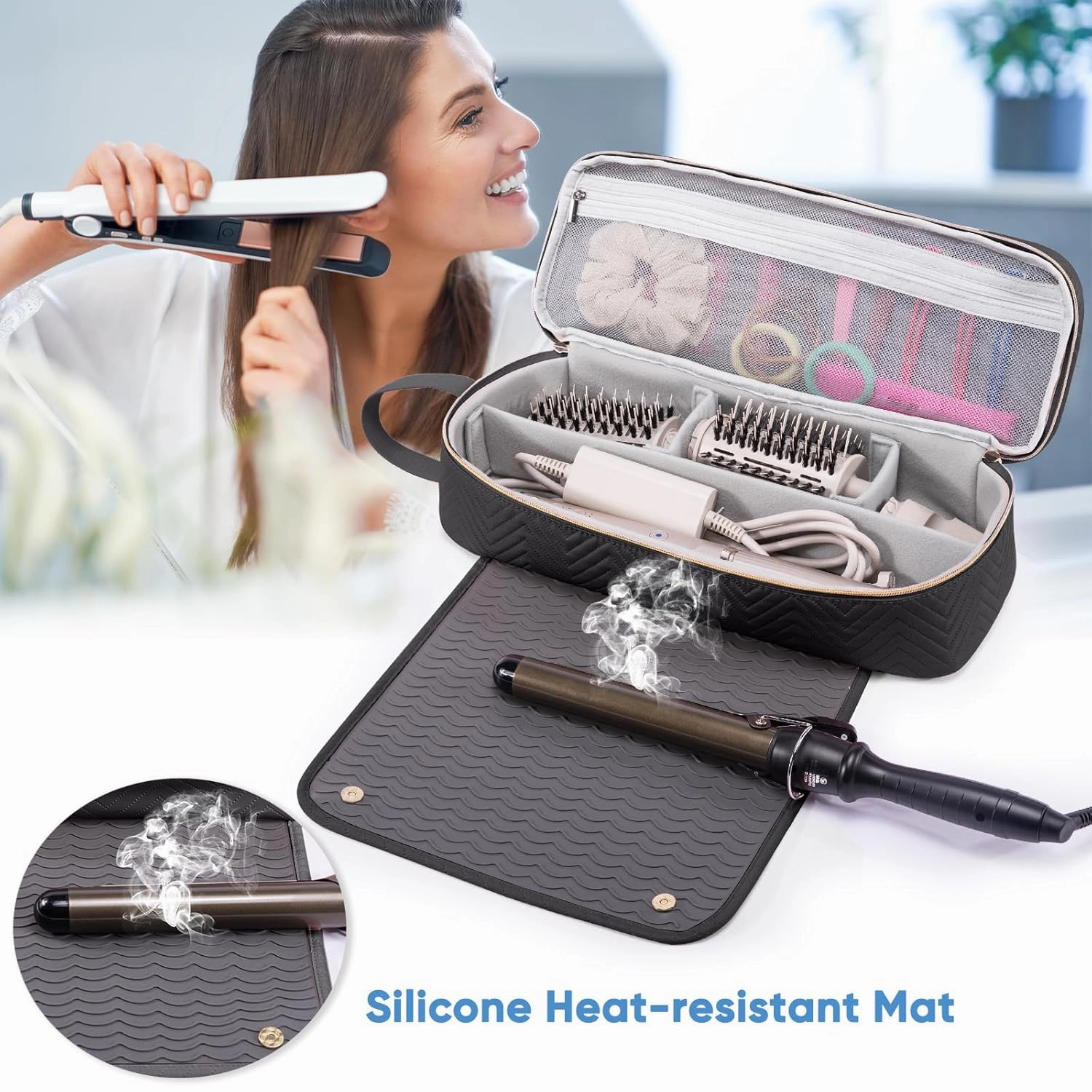 2IN1 Hair Tools Travel Bag with Heat Resistant Mat for Shark Flexstyle, Flat Irons, Straighteners, Curling Iron, Hair Dryer Case Compatible with Revlon One-Step Hair Dryer, Hair Essentials