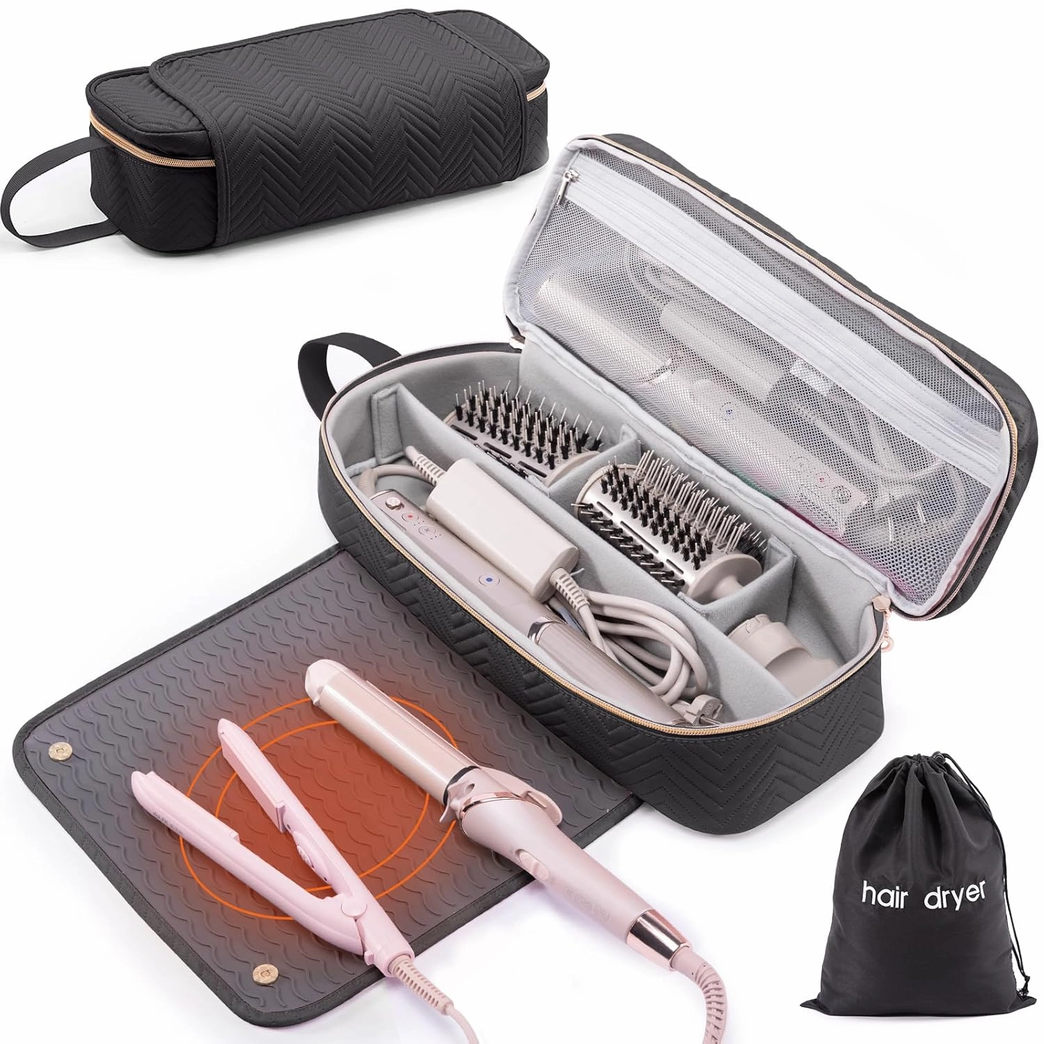 2IN1 Hair Tools Travel Bag with Heat Resistant Mat for Shark Flexstyle, Flat Irons, Straighteners, Curling Iron, Hair Dryer Case Compatible with Revlon One-Step Hair Dryer, Hair Essentials