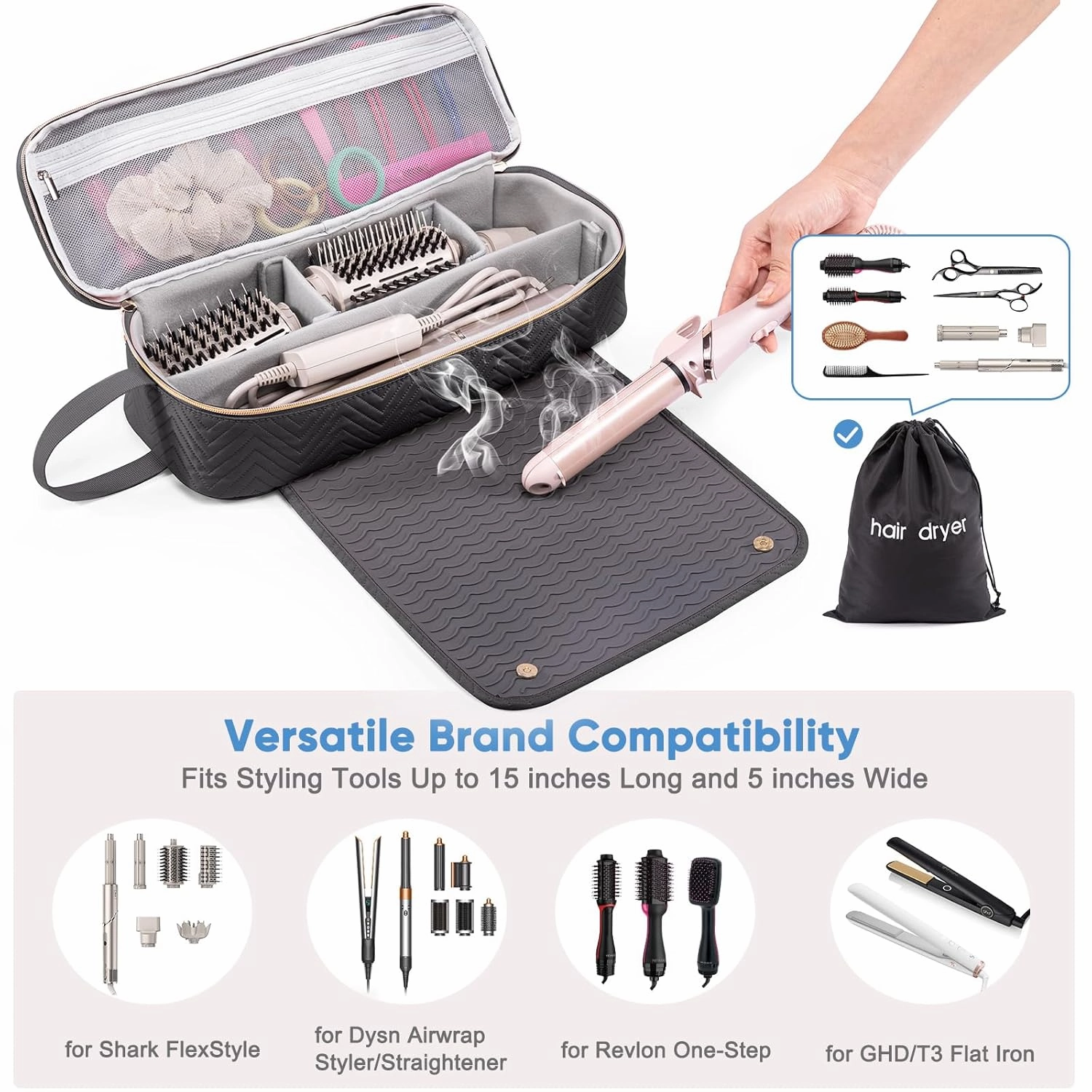 2IN1 Hair Tools Travel Bag with Heat Resistant Mat for Shark Flexstyle, Flat Irons, Straighteners, Curling Iron, Hair Dryer Case Compatible with Revlon One-Step Hair Dryer, Hair Essentials