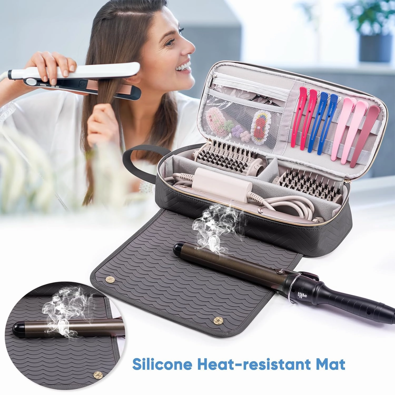 2IN1 Hair Tools Travel Bag with Heat Resistant Mat for Shark Flexstyle, Flat Irons, Straighteners, Curling Iron, Hair Dryer Case Compatible with Revlon One-Step Hair Dryer, Hair Essentials