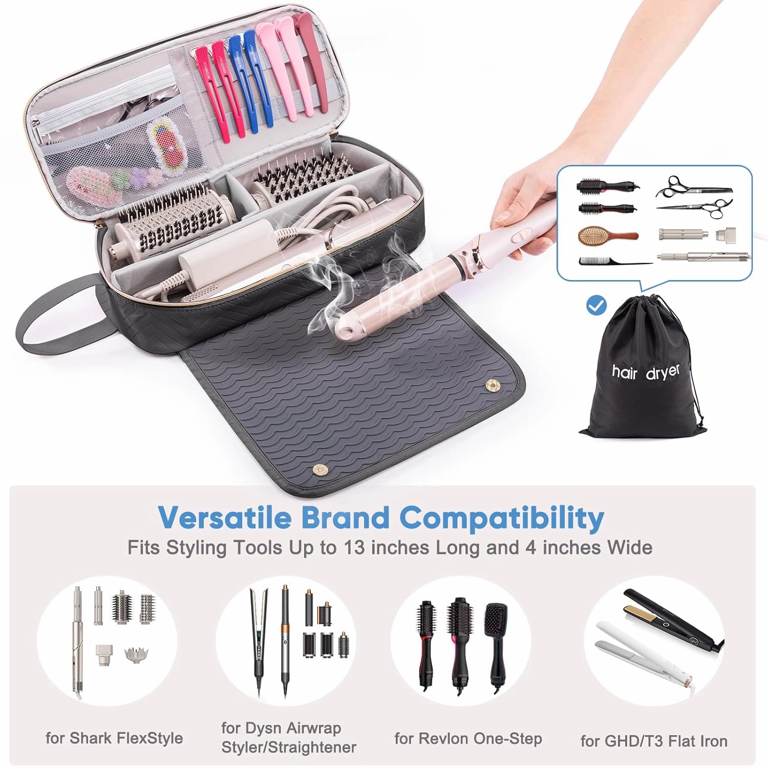 2IN1 Hair Tools Travel Bag with Heat Resistant Mat for Shark Flexstyle, Flat Irons, Straighteners, Curling Iron, Hair Dryer Case Compatible with Revlon One-Step Hair Dryer, Hair Essentials