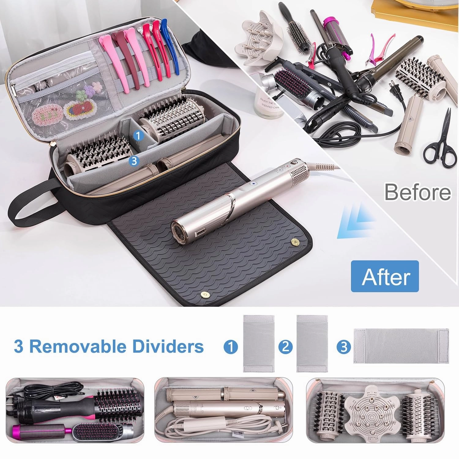 2IN1 Hair Tools Travel Bag with Heat Resistant Mat for Shark Flexstyle, Flat Irons, Straighteners, Curling Iron, Hair Dryer Case Compatible with Revlon One-Step Hair Dryer, Hair Essentials