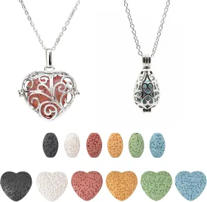 2PCS Aromatherapy Essential Oil Diffuser Necklace Love Heart and Hollow Ball Locket Pendant Necklace with Lava Bead Stone for Women