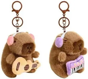 2PCS Capybara Guitar Plush Keychain Cute Capybara Keychain Stuffed Animal Bunny Fluffy Ball Key Chain Hook Bag Charm