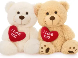 2Pcs Teddy Bear with Heart, Cute Brown Teddy Bear Stuffed Animals,12" Soft Bear Plushie Stuffed Bear Plush Gifts for Girlfriend Kid, (Brown & Cream)