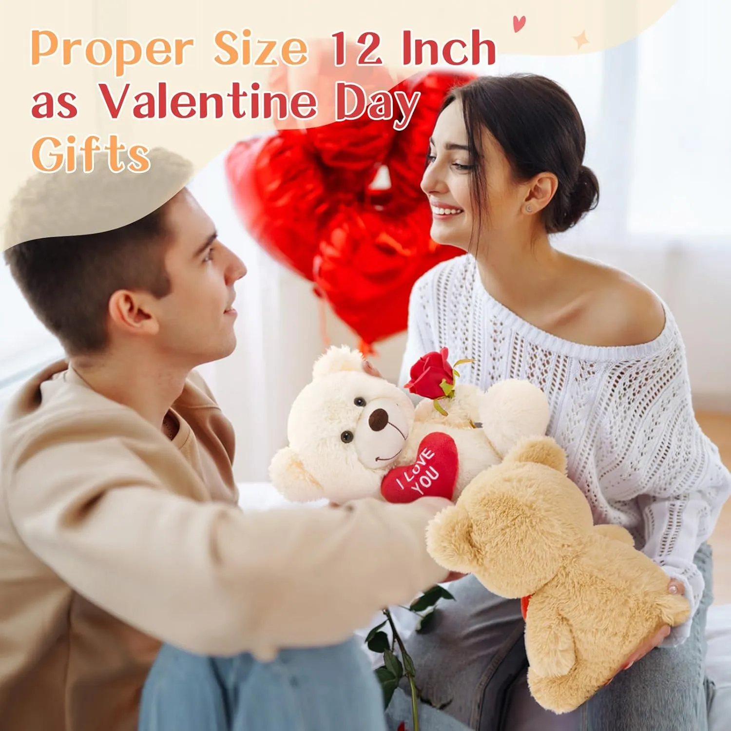 2Pcs Teddy Bear with Heart, Cute Brown Teddy Bear Stuffed Animals,12" Soft Bear Plushie Stuffed Bear Plush Gifts for Girlfriend Kid, (Brown & Cream)