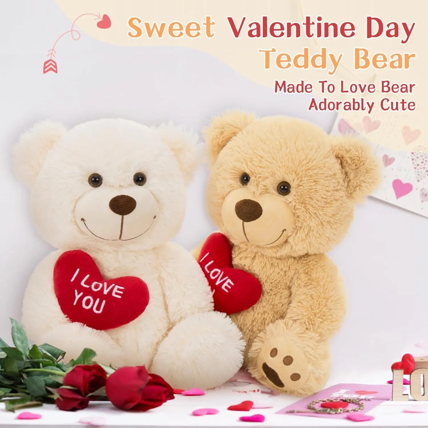 2Pcs Teddy Bear with Heart, Cute Brown Teddy Bear Stuffed Animals,12" Soft Bear Plushie Stuffed Bear Plush Gifts for Girlfriend Kid, (Brown & Cream)