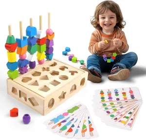 3 in 1 Stacking Toy Set Wooden Sequencing Blocks Lacing Beads Shape Sorter Preschool Learning Educational Montessori Toys for Toddlers 3 4 5 Year Old Boy Girl Gifts
