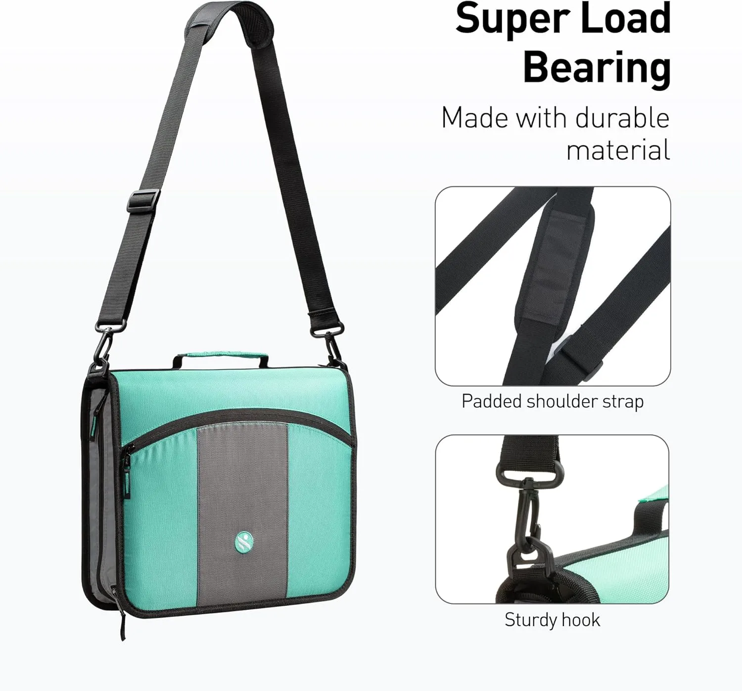3 Inch 3 Rings Zipper Binder, Round Ring Binder with Expanding Files, Handle and Shoulder Strap, Green