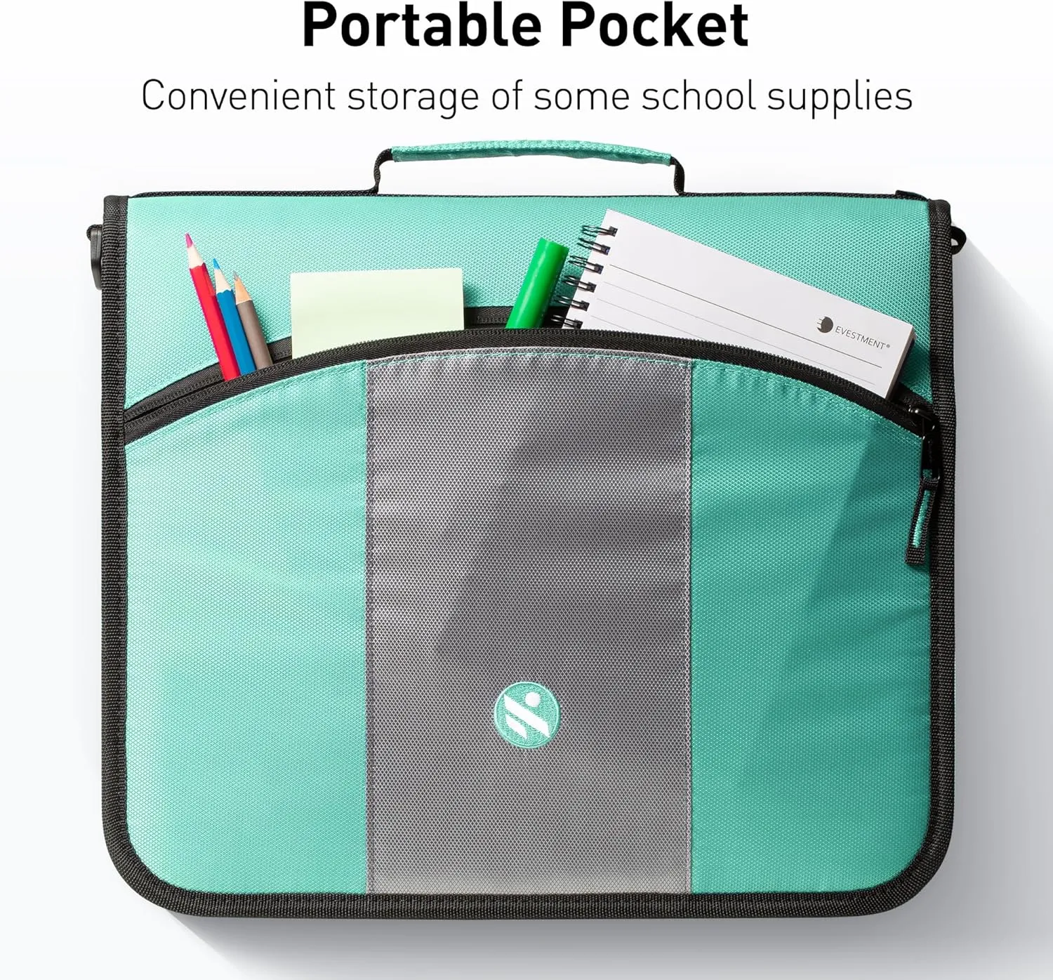 3 Inch 3 Rings Zipper Binder, Round Ring Binder with Expanding Files, Handle and Shoulder Strap, Green