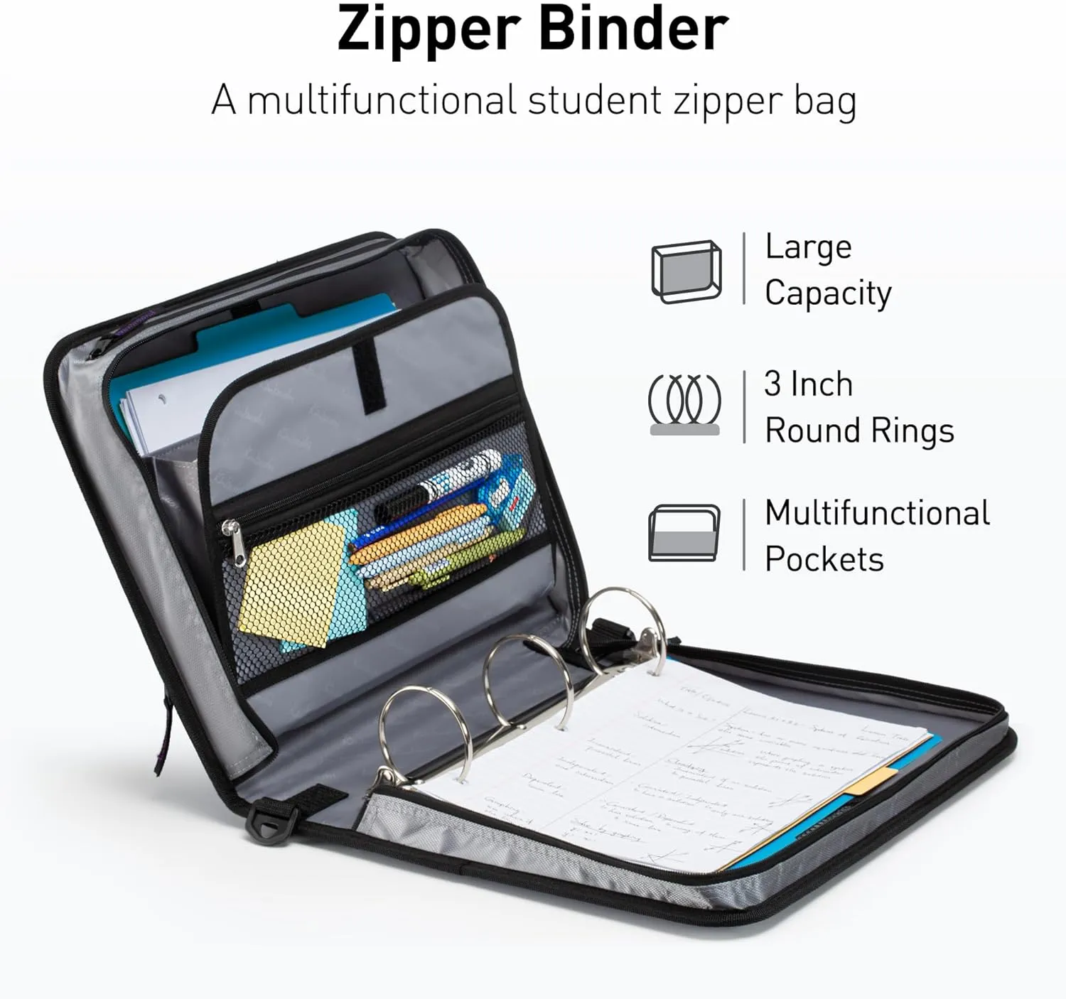 3 Inch 3 Rings Zipper Binder, Round Ring Binder with Expanding Files, Handle and Shoulder Strap, Green