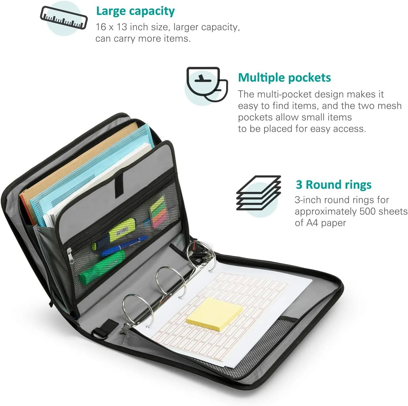 3-Inch Zipper Binder, 3 Round Rings Binder with Expanding File and Shoulder Strap, Black