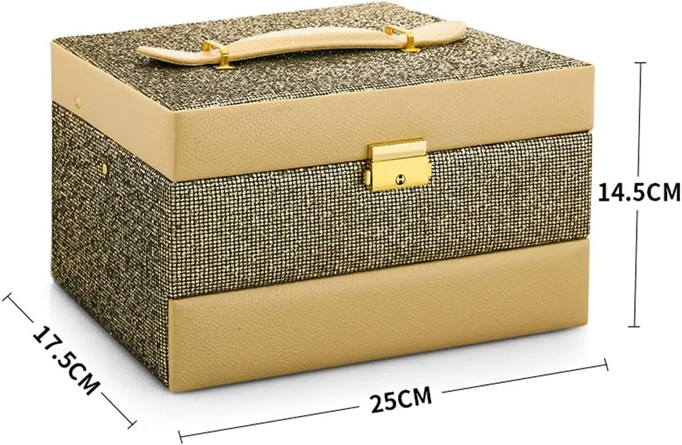 3-Layer Leather Jewelry Organizer, Portable Lockable Jewelry Storage Box with Mirror, for Rings Earrings Necklaces Bangle Bracelet Watches Storage, Gift for Girls or Women