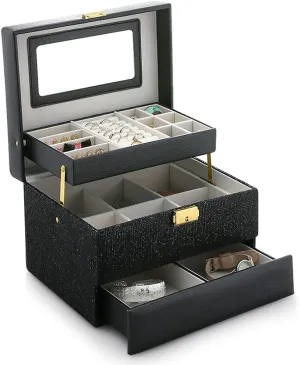 3-Layer Leather Jewelry Organizer, Portable Lockable Jewelry Storage Box with Mirror, for Rings Earrings Necklaces Bangle Bracelet Watches Storage, Gift for Girls or Women