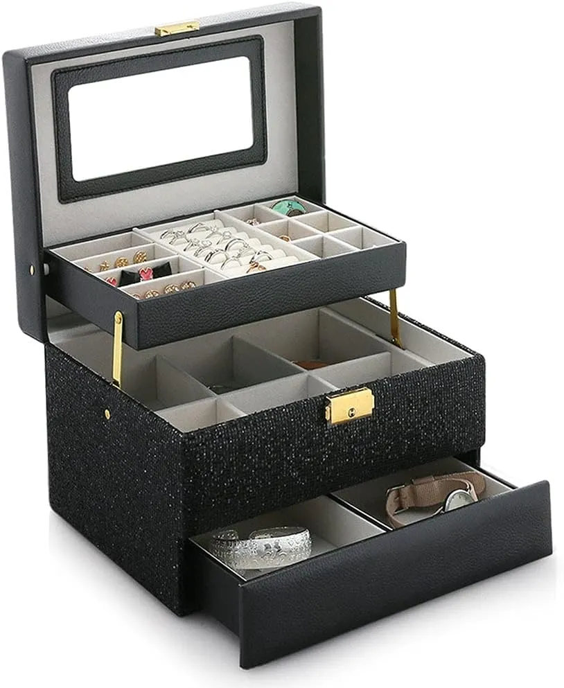 3-Layer Leather Jewelry Organizer, Portable Lockable Jewelry Storage Box with Mirror, for Rings Earrings Necklaces Bangle Bracelet Watches Storage, Gift for Girls or Women
