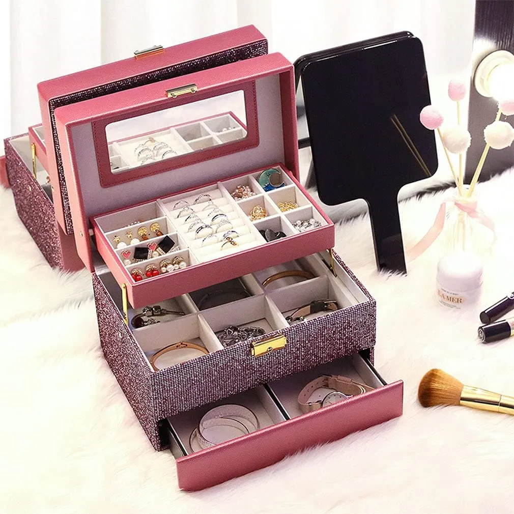 3-Layer Leather Jewelry Organizer, Portable Lockable Jewelry Storage Box with Mirror, for Rings Earrings Necklaces Bangle Bracelet Watches Storage, Gift for Girls or Women