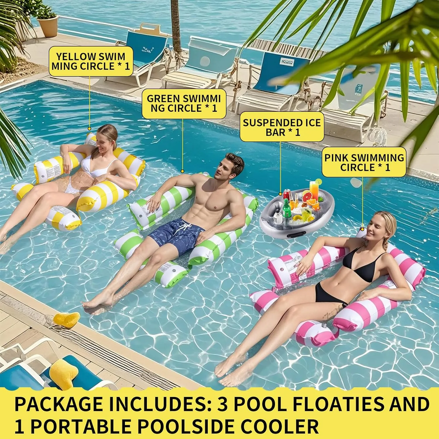 3-Pack Inflatable Pool Floats   Pool Ice Bar - All-in-One Floating Mat, Swim Bed, Party Pad, Quick Inflation for Adults, Bright Colors, Water Recreation at Beach, Lake & Summer Pool Parties