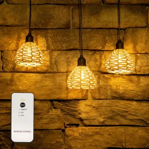 3 Pack Outdoor Battery Operated Chandelier, Small Hanging Rattan Pendant Lights with Dimmable Timer, Warm White Waterproof Lamps for Gazebo Yard Porch Patio Garden Backyard Decor