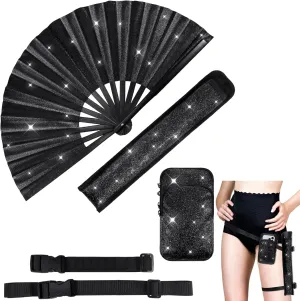 3 Pcs Glitter Rave Fan Accessories for Women Includes Rave Fan Cell Phone Bag Holder with Arm/Leg Band Belt for Music Raves EDM Festival Club Dance Circuit Parties