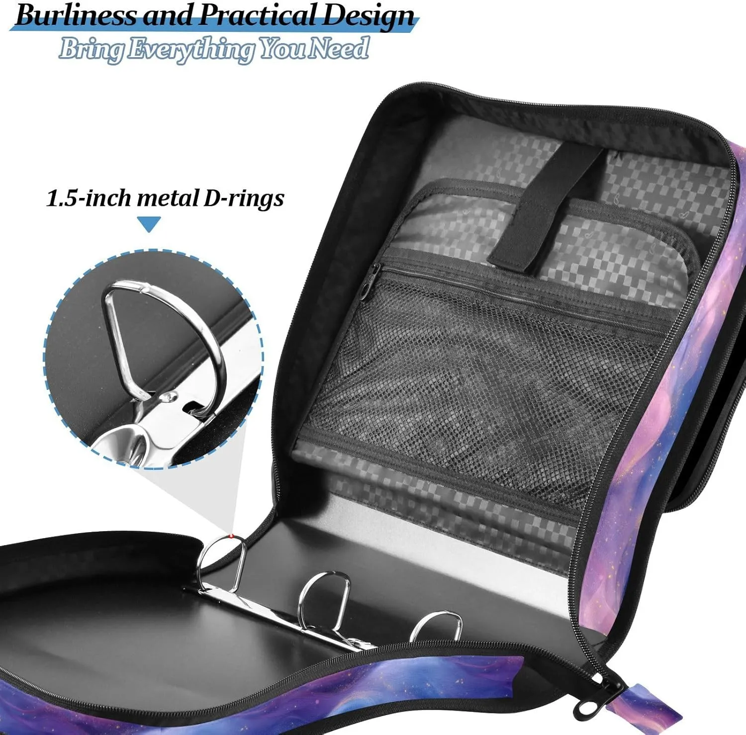 3 Rings 1.5 inch Zip Up Binder with Handle and Removable Shoulder Strap Multi-Pocket Portable Home Travel Safe Storage Bag for Middle School Blue Purple