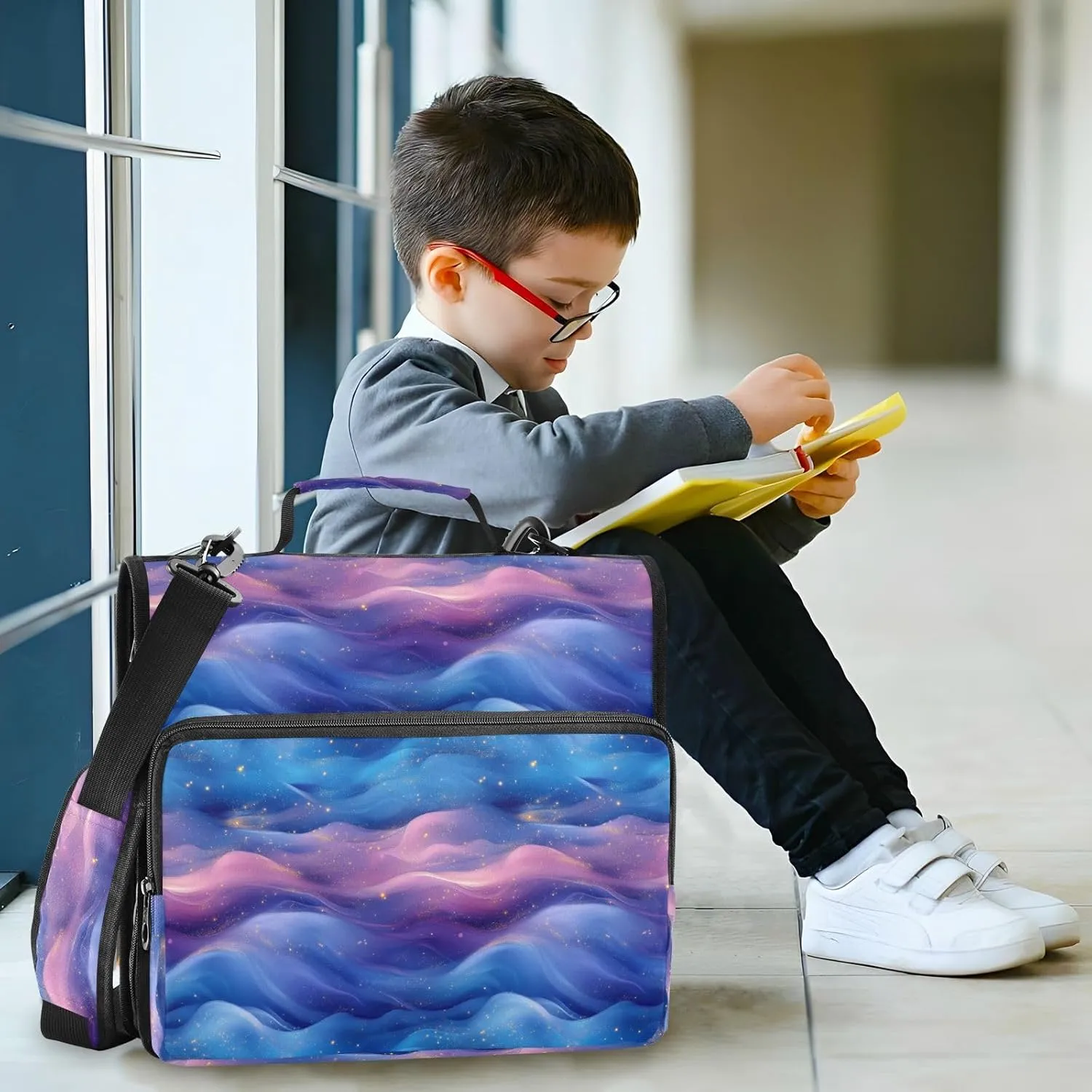 3 Rings 1.5 inch Zip Up Binder with Handle and Removable Shoulder Strap Multi-Pocket Portable Home Travel Safe Storage Bag for Middle School Blue Purple