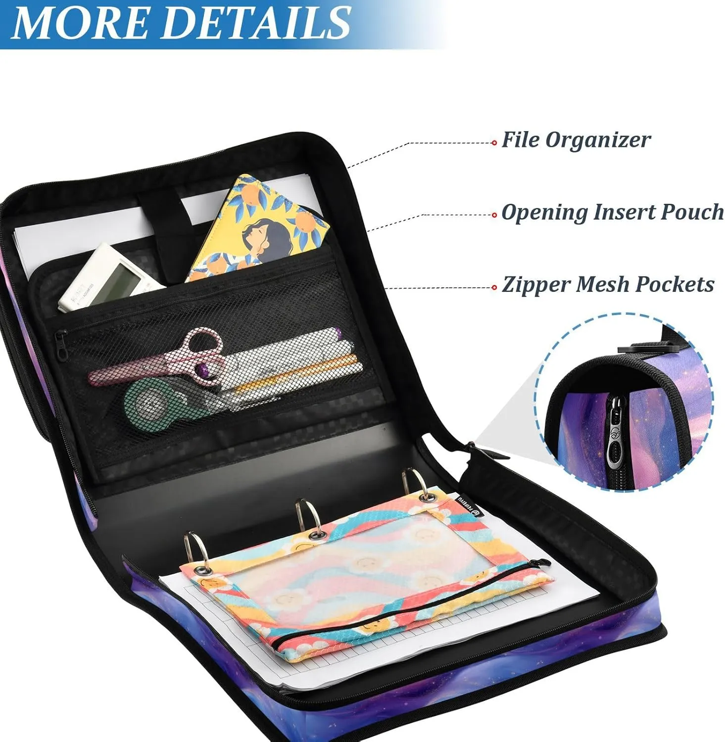 3 Rings 1.5 inch Zip Up Binder with Handle and Removable Shoulder Strap Multi-Pocket Portable Home Travel Safe Storage Bag for Middle School Blue Purple