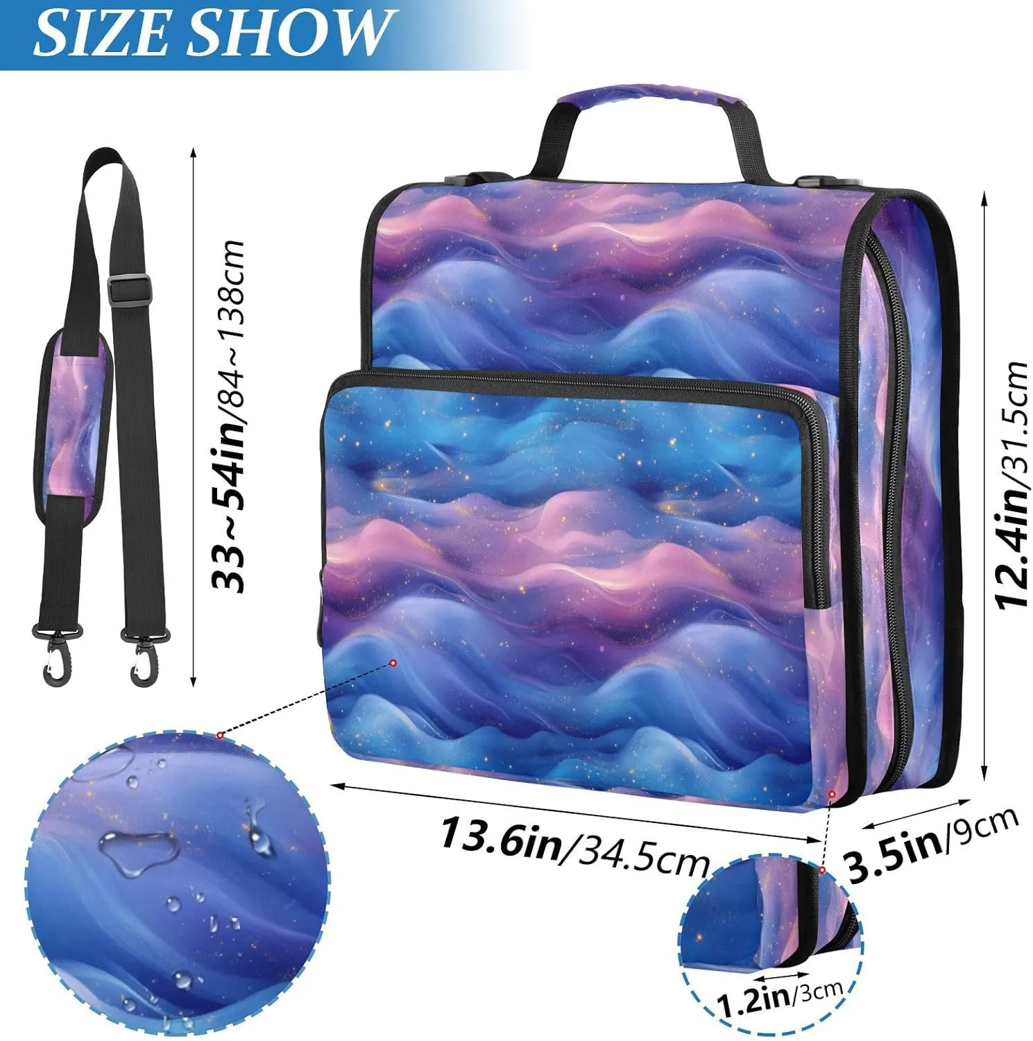 3 Rings 1.5 inch Zip Up Binder with Handle and Removable Shoulder Strap Multi-Pocket Portable Home Travel Safe Storage Bag for Middle School Blue Purple