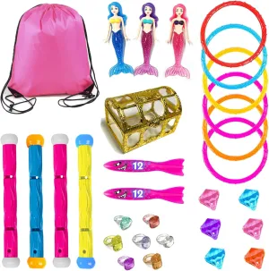 30 Pcs Diving Pool Toys for Kids Ages 3-12 - Little Mermaid Toys for Girls, Dive Sticks, Treasure Chest, Pink Shark Torped & Gems with Storage Bag, Summer Swim Water Toys for Pool Games, Bath & Party