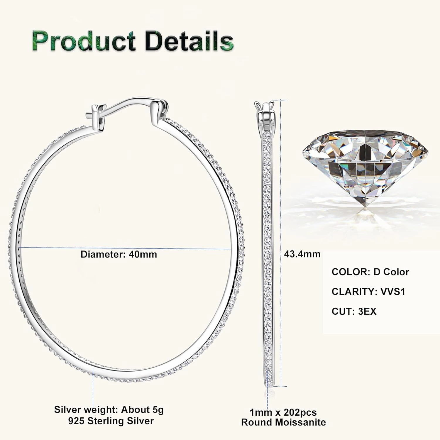30/40mm Moissanite Hoop Earrings, D Color VVS1 Clarity 925 Sterling Silver Large Thin Huggie Earrings for Women Wife Mom Birthday Wedding Jewelry Gifts