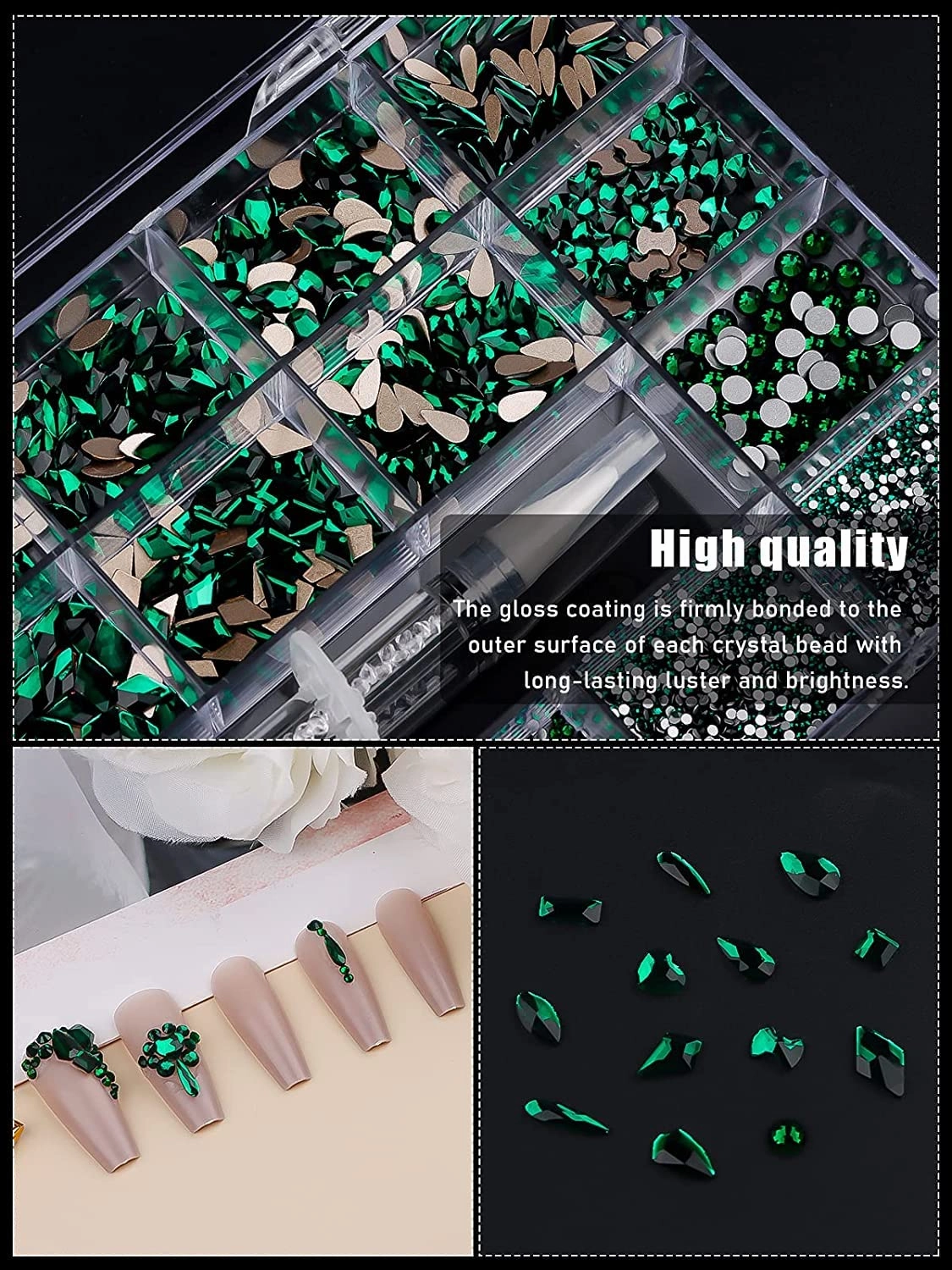 3100Pcs Green Rhinestones for Nail, EBANKU 12 Types of 600 Nail Diamonds  2500 Flat Rhinestones Kit Mixed Shape AB Nail Gems Jewels with Rhinestone Picker Dotting Pen Tweezers
