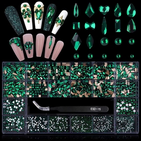 3100Pcs Green Rhinestones for Nail, EBANKU 12 Types of 600 Nail Diamonds  2500 Flat Rhinestones Kit Mixed Shape AB Nail Gems Jewels with Rhinestone Picker Dotting Pen Tweezers