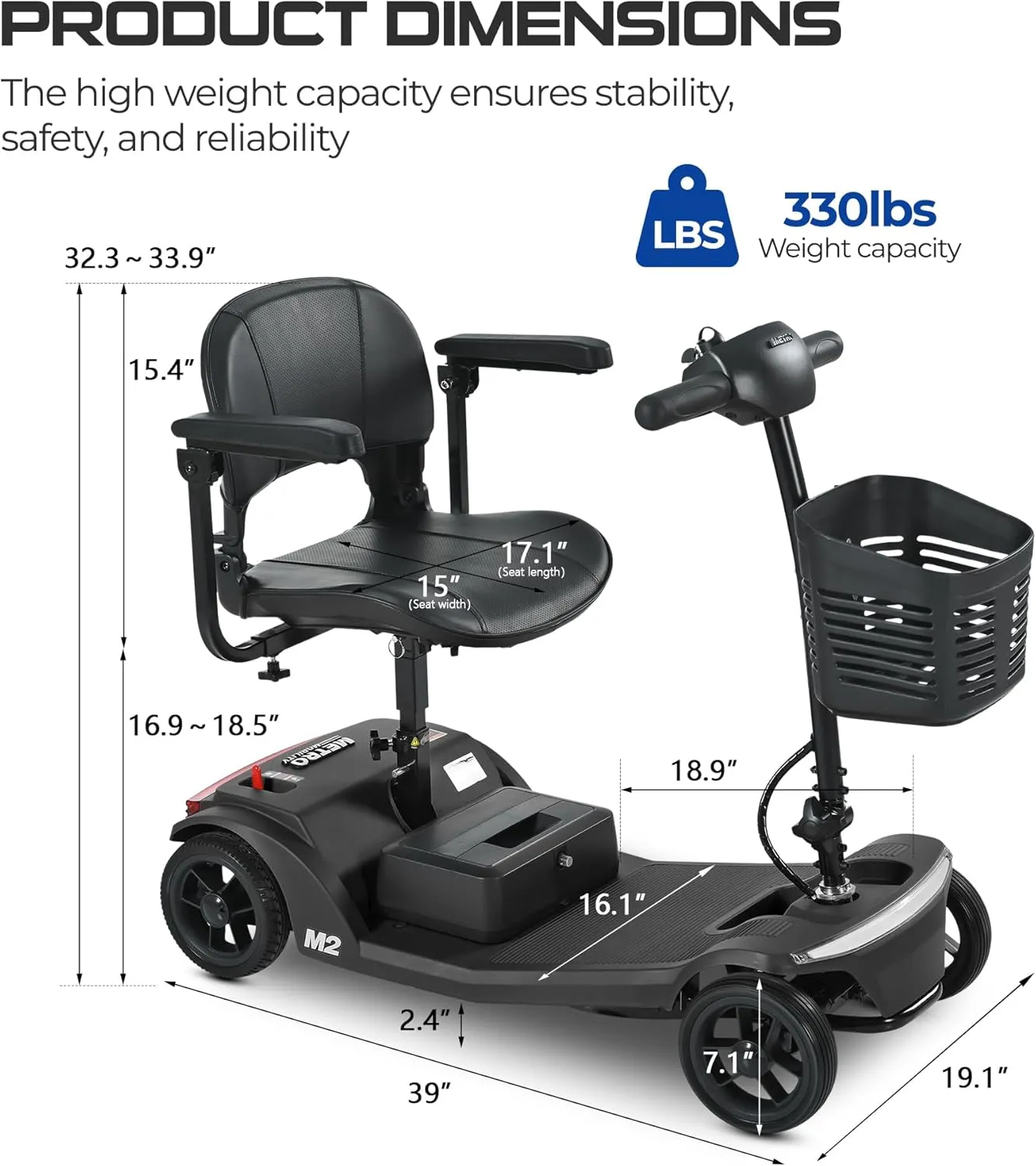 330lbs Max Weight, Electric Mobility Scooter for Adults 4 Wheel Mobility, 10-15miles Per Charge Electric Powered Wheelchair Power Scooters Black