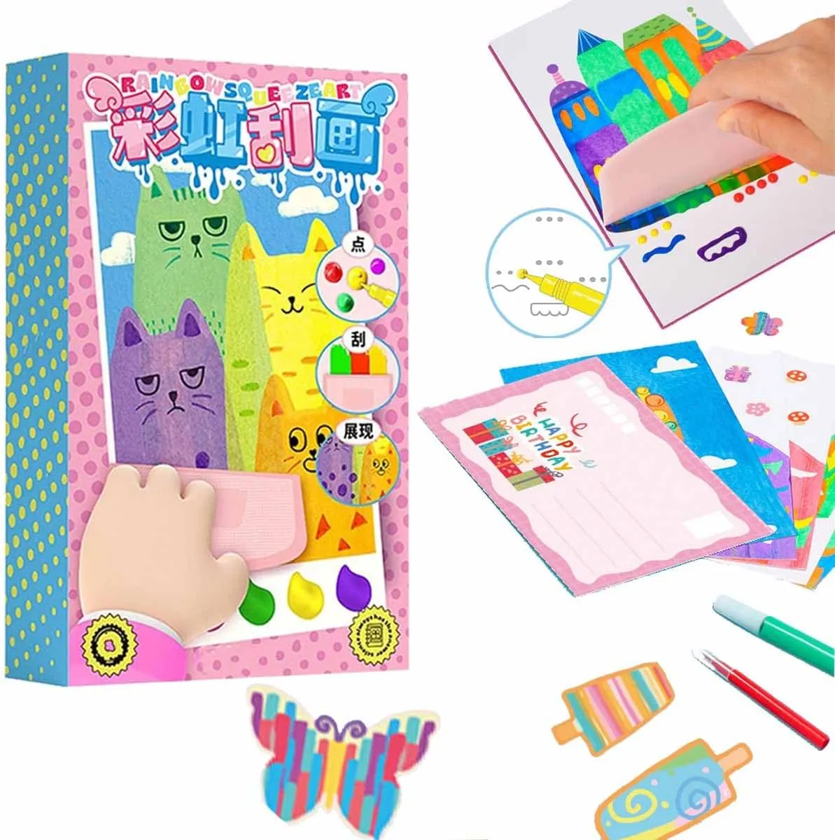 35 Pieces Abstract Dot Painting Art Kit, DIY Rainbow Scratch Painting, Squeegee Art Kids Paint Kit, Rainbow Dot Painting Art Kits (2pcs)