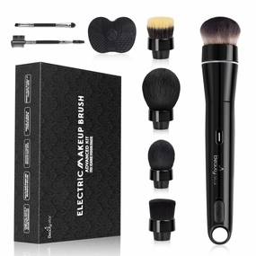 360° Electric Rotating Makeup Brush Set, 5 Vegan Brush Heads, Rechargeable Blending Face Brushes For Foundation, Blush, Powder, Bronzer, Contour, Highlight & Airbrush Finish, Flat Kabuki Brush