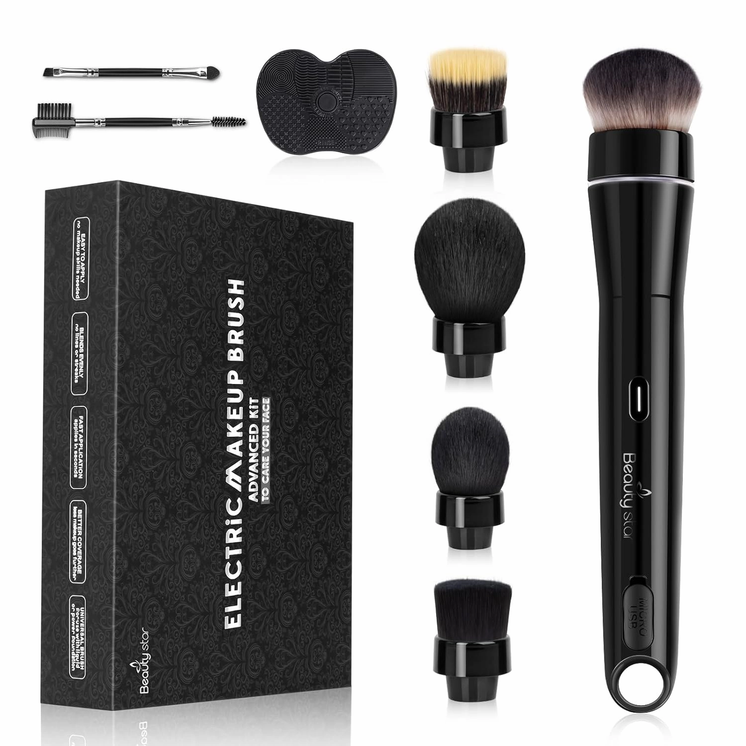 360° Electric Rotating Makeup Brush Set, 5 Vegan Brush Heads, Rechargeable Blending Face Brushes For Foundation, Blush, Powder, Bronzer, Contour, Highlight & Airbrush Finish, Flat Kabuki Brush