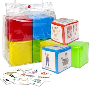 3.9 in Large Education Foam Pocket Dice, Stacking Blocks Squishy Story Cubes, Home Classroom DIY Blank Dice with 24 Theme Cards for Exercise Language Expression Imagination(Colorful 4 Pcs)