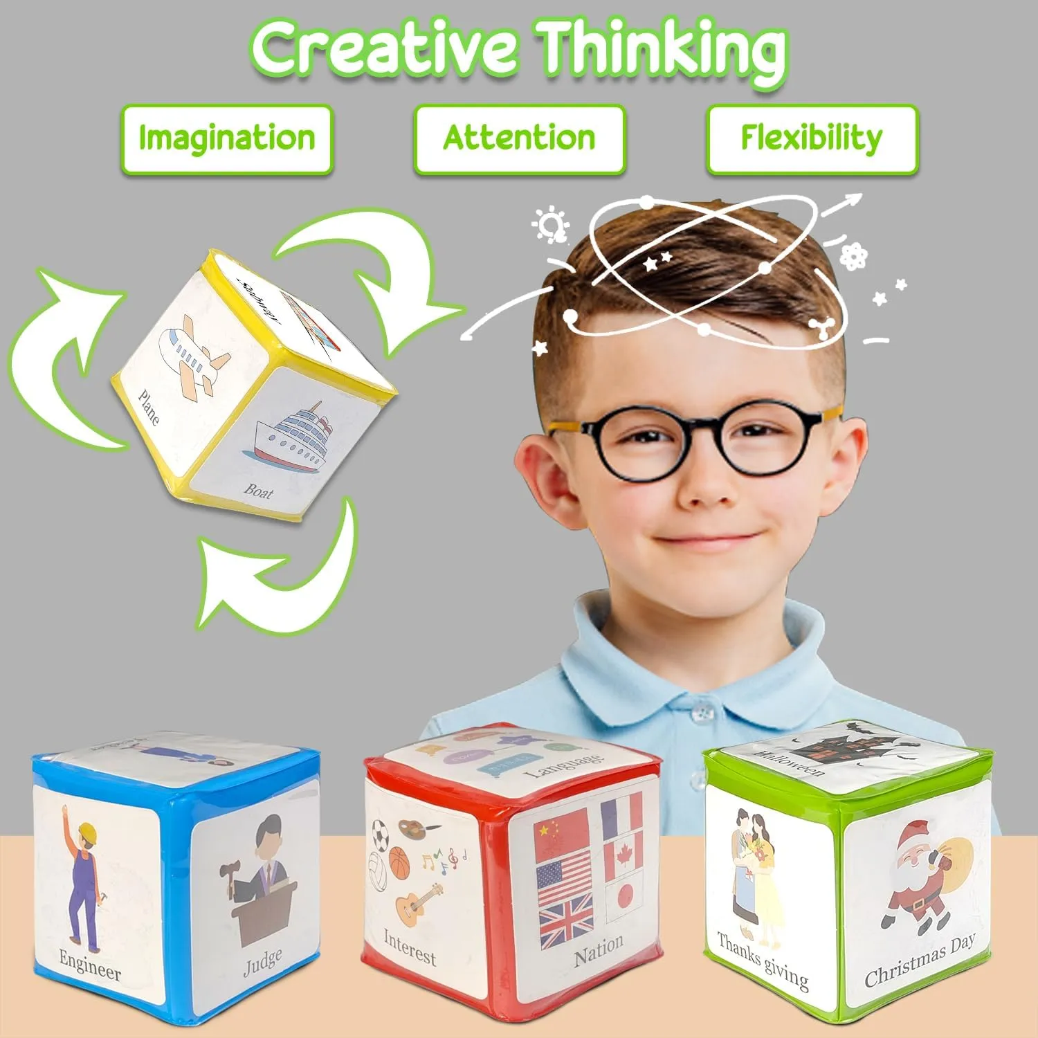 3.9 in Large Education Foam Pocket Dice, Stacking Blocks Squishy Story Cubes, Home Classroom DIY Blank Dice with 24 Theme Cards for Exercise Language Expression Imagination(Colorful 4 Pcs)