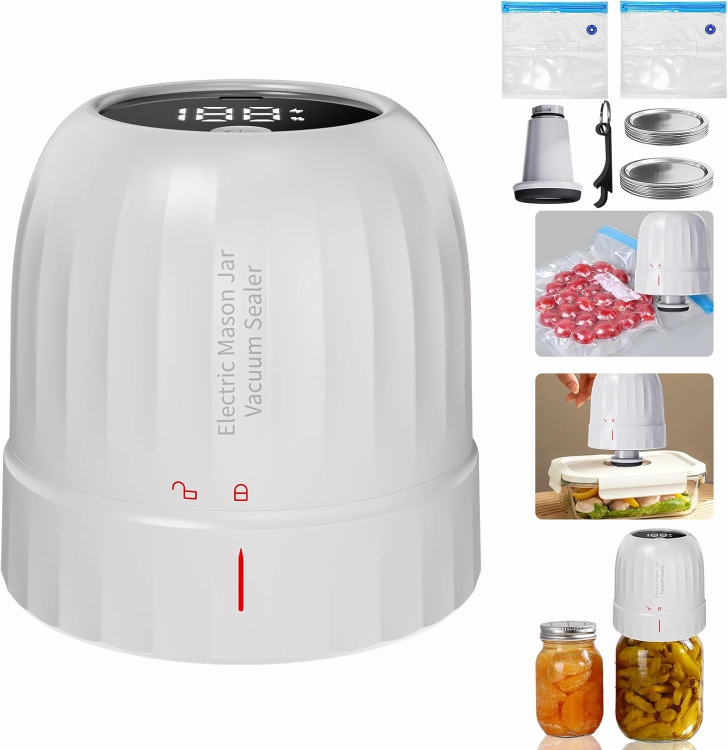 3 IN 1 Electric Vacuum Sealer Kit for Wide Mouth and Regular Mouth Mason Jars, Food Sealed Bags (White)