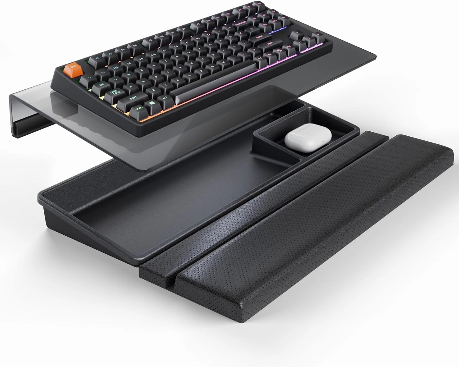 3 in 1 Keyboard Stand w/Wrist Rest and Storage Tray - Klearlook [Ultra Comfortable] PU Leather Wrist Pad & Acrylic Keyboard Riser, 16.9x7.3 inch Tilt Adjustable Computer Keyboard Stand Holder-Black